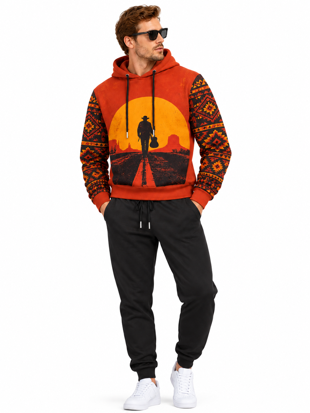[Pre‑sale]Men's Desert Highway Guitar Cowboy Print Dralon Pullover Hoodie Jogger Outfit Set