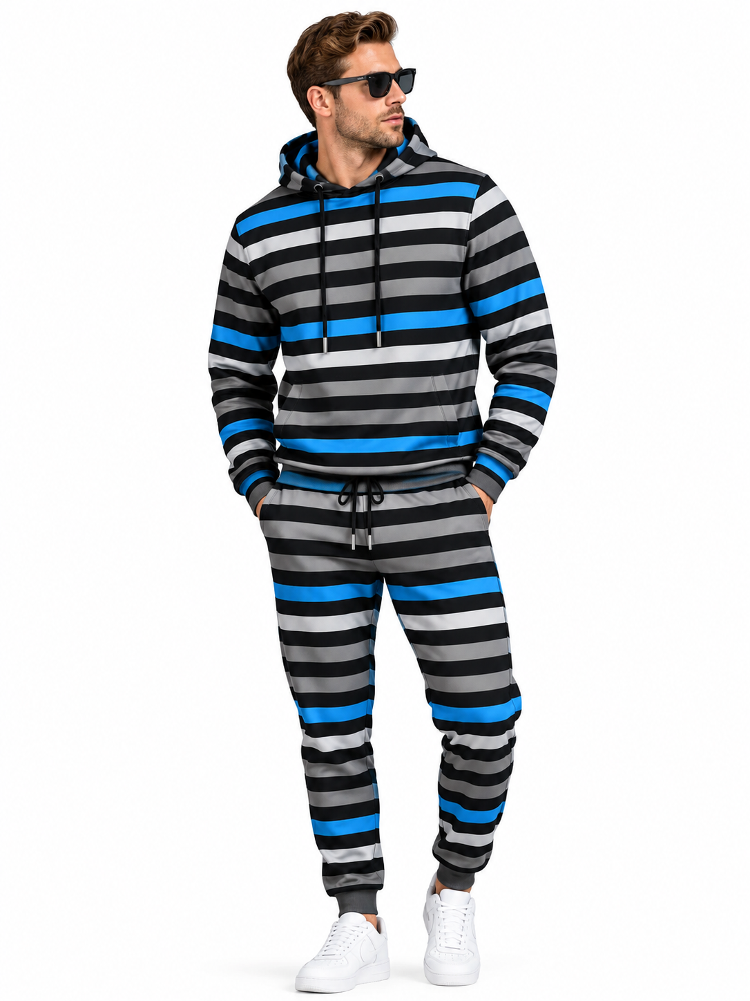[Pre‑sale]Men's Black Blue Grey Striped Dralon Pullover Hoodie Jogger Outfit Set