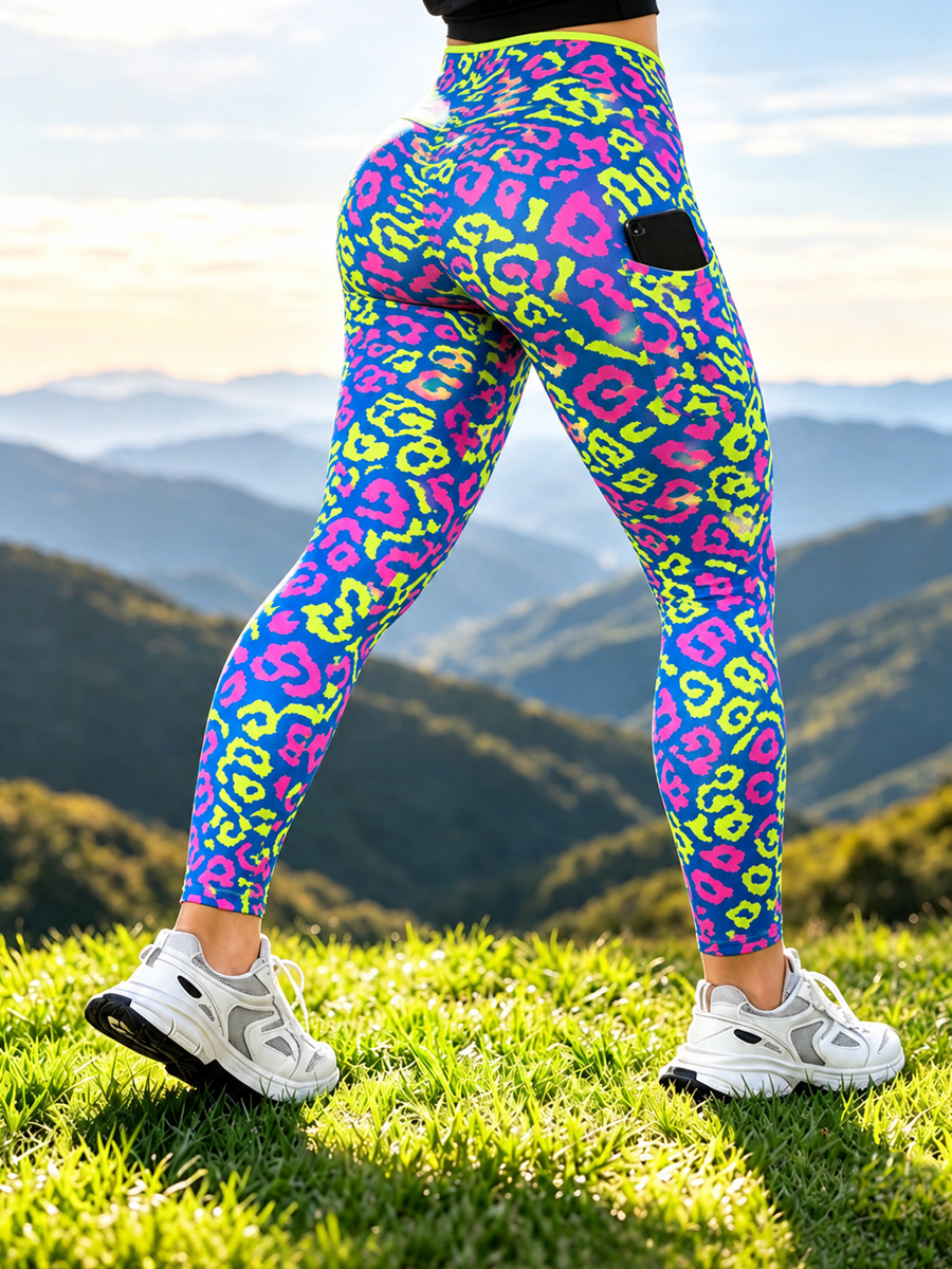 Women's Neon Leopard Art Print Side Pocket Leggings