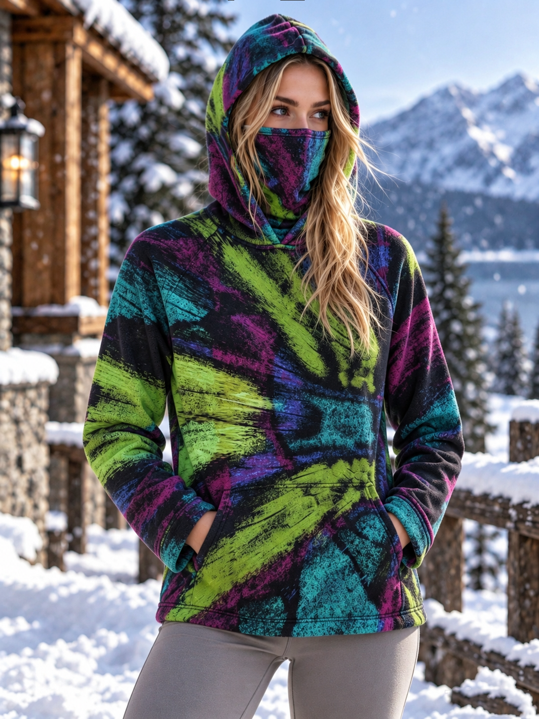 Women's Abstract Brush Stroke Art Print Warm Hoodie with Face Mask Pocket