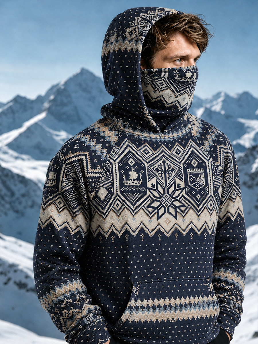 Men's Retro Winter Fair Isle Snowflake Geometric Stripe Print Thermal Base Layer Hoodie with Built-in Gaiter