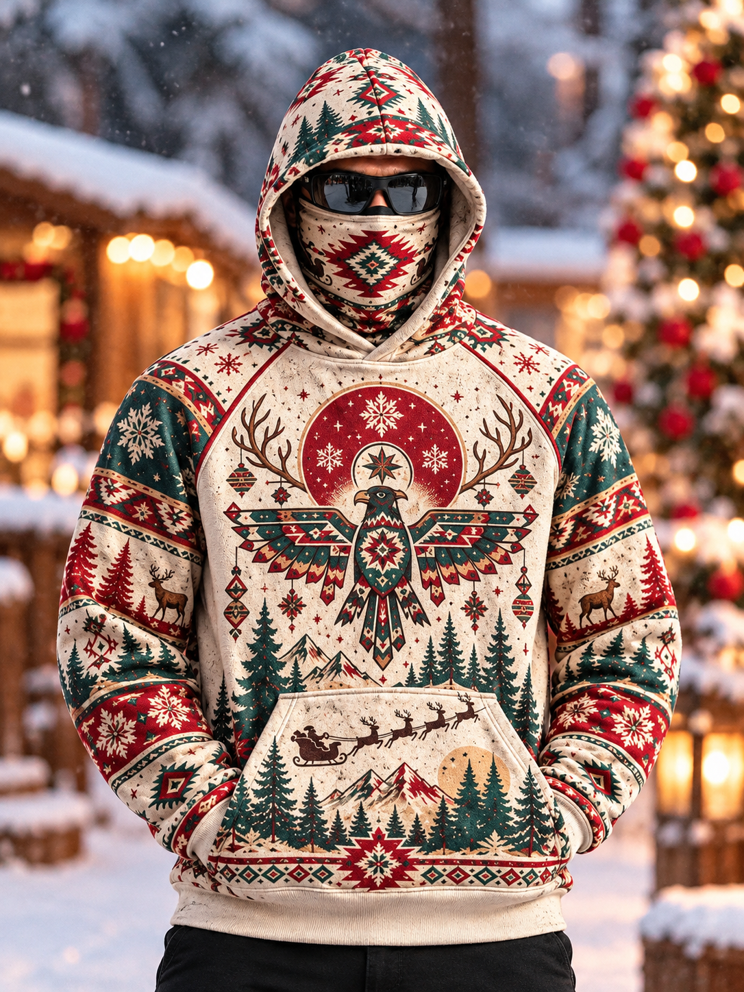 Men's Christmas Reindeer Aztec Pattern Thermal Base Layer Hoodie with Built-in Gaiter