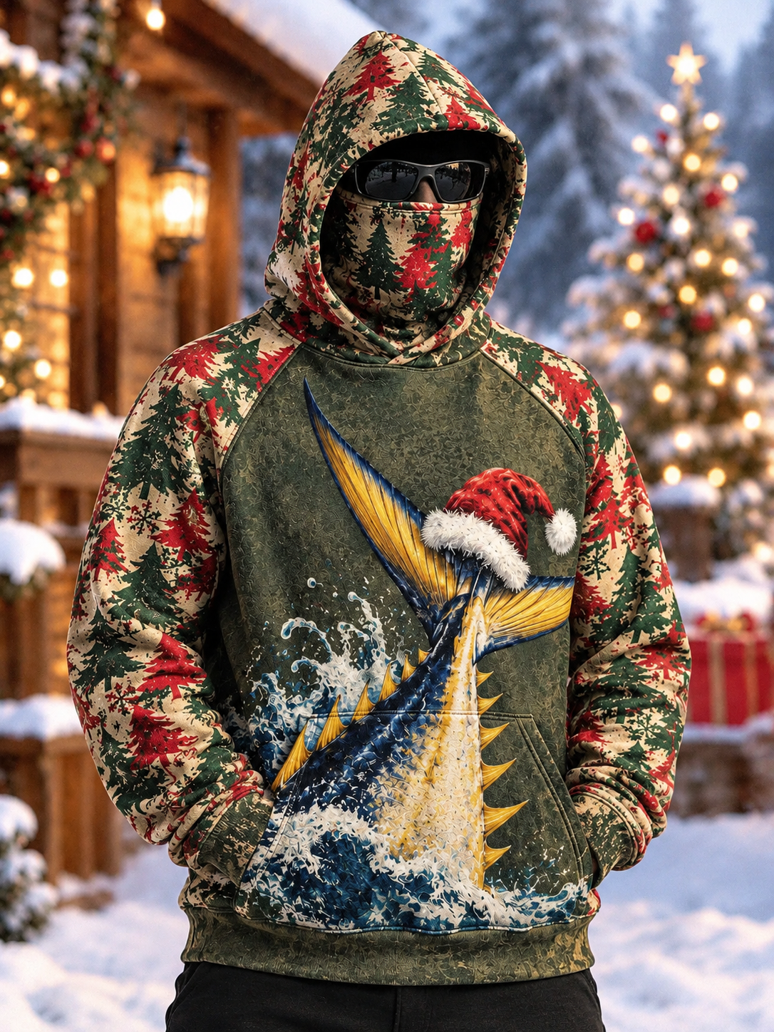 Men's Christmas Swordfish Santa Ha Print Thermal Base Layer Hoodie with Built-in Gaiter