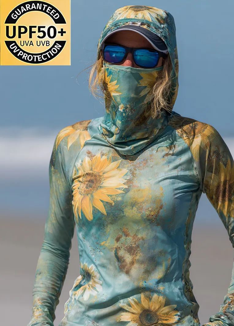 Women's "Teal Base with Watercolor Sunflower Print" Cool Breathable Hooded