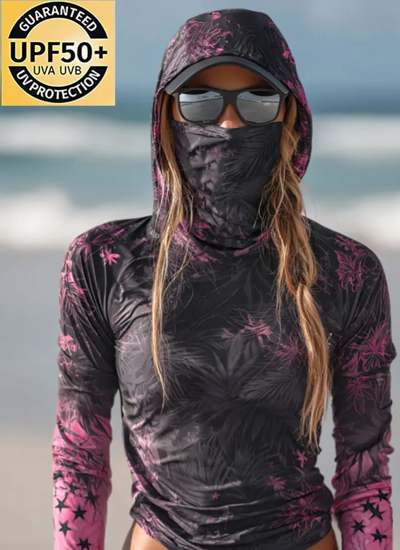 Women's Tropical Palm Leaf And Star Print Hooded Zipper Sun Protection Jacket