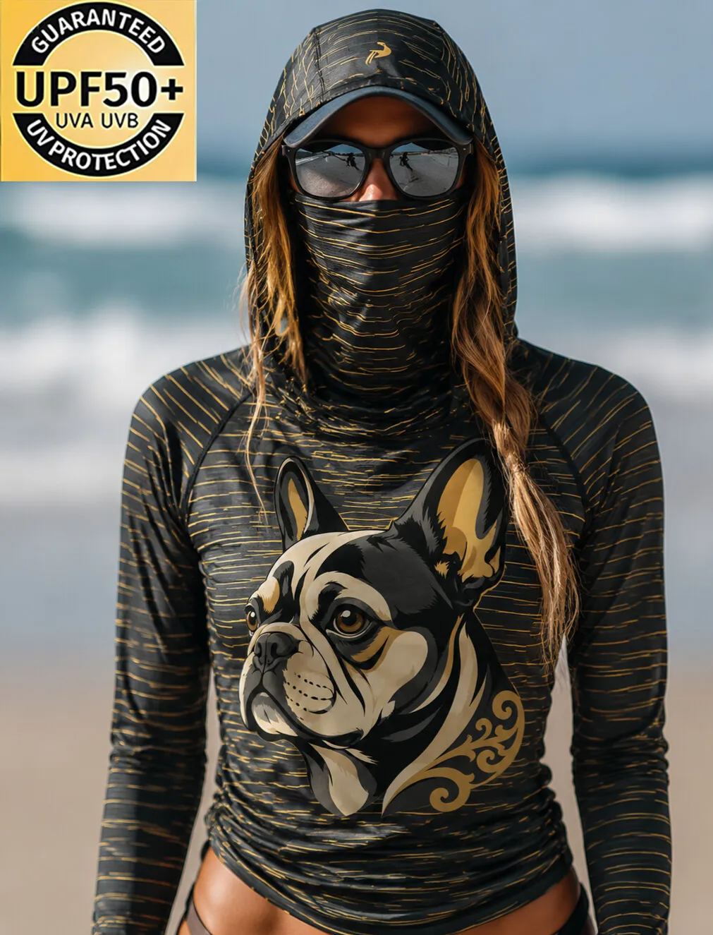 Women's French Bulldog Portrait Print Hooded Zipper Sun Protection Jacket
