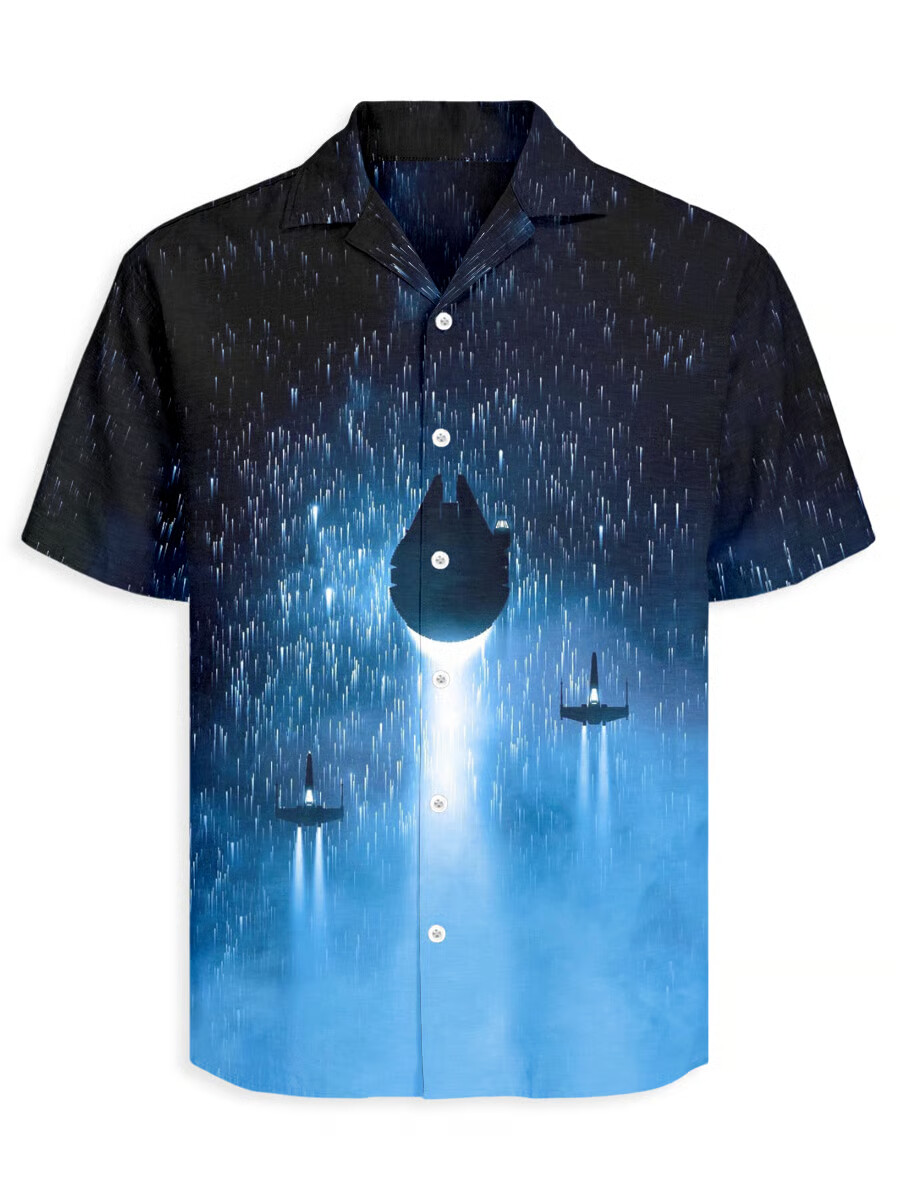 Men's Retro Sci-Fi Starship Silhouette Graphic Button-Down Shirt