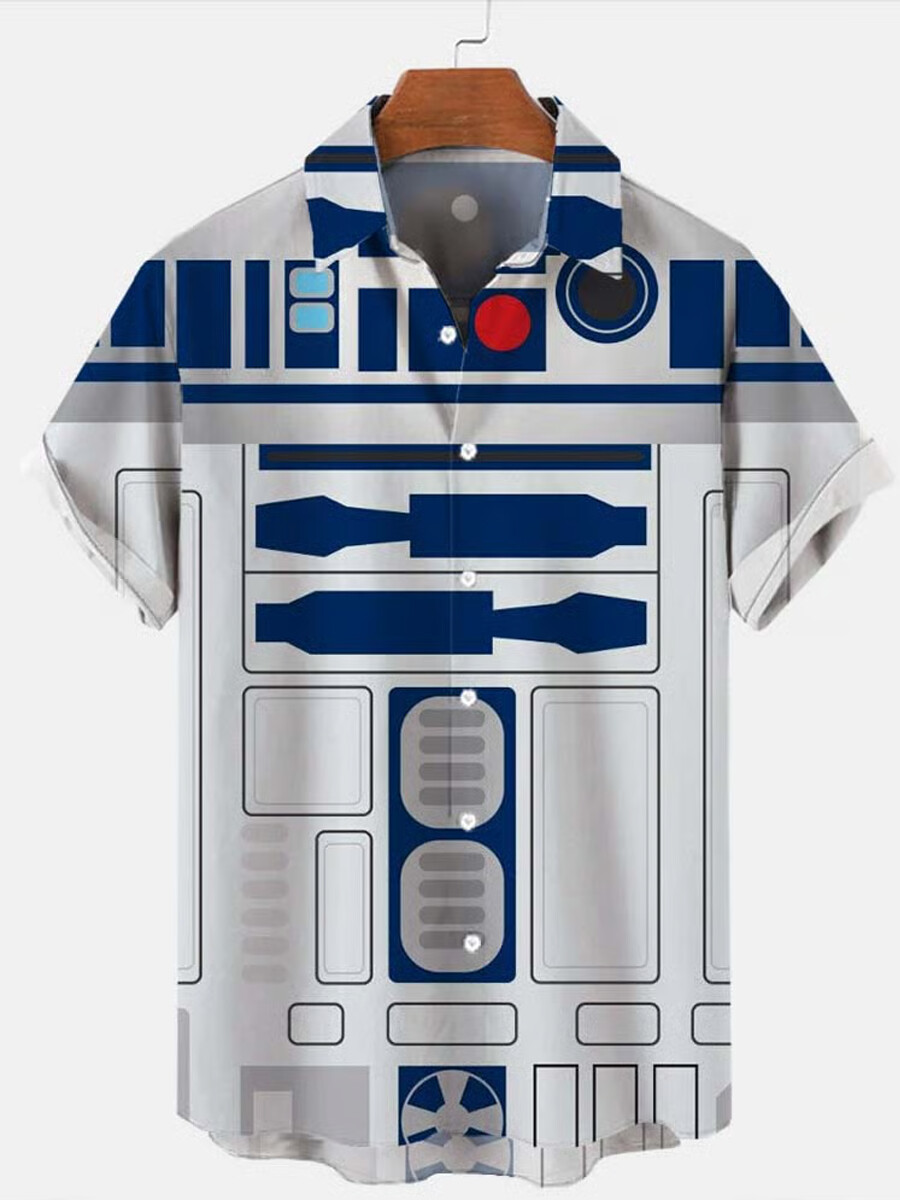 Men's Retro Sci-Fi Robot Panel Print Button-Down Shirt