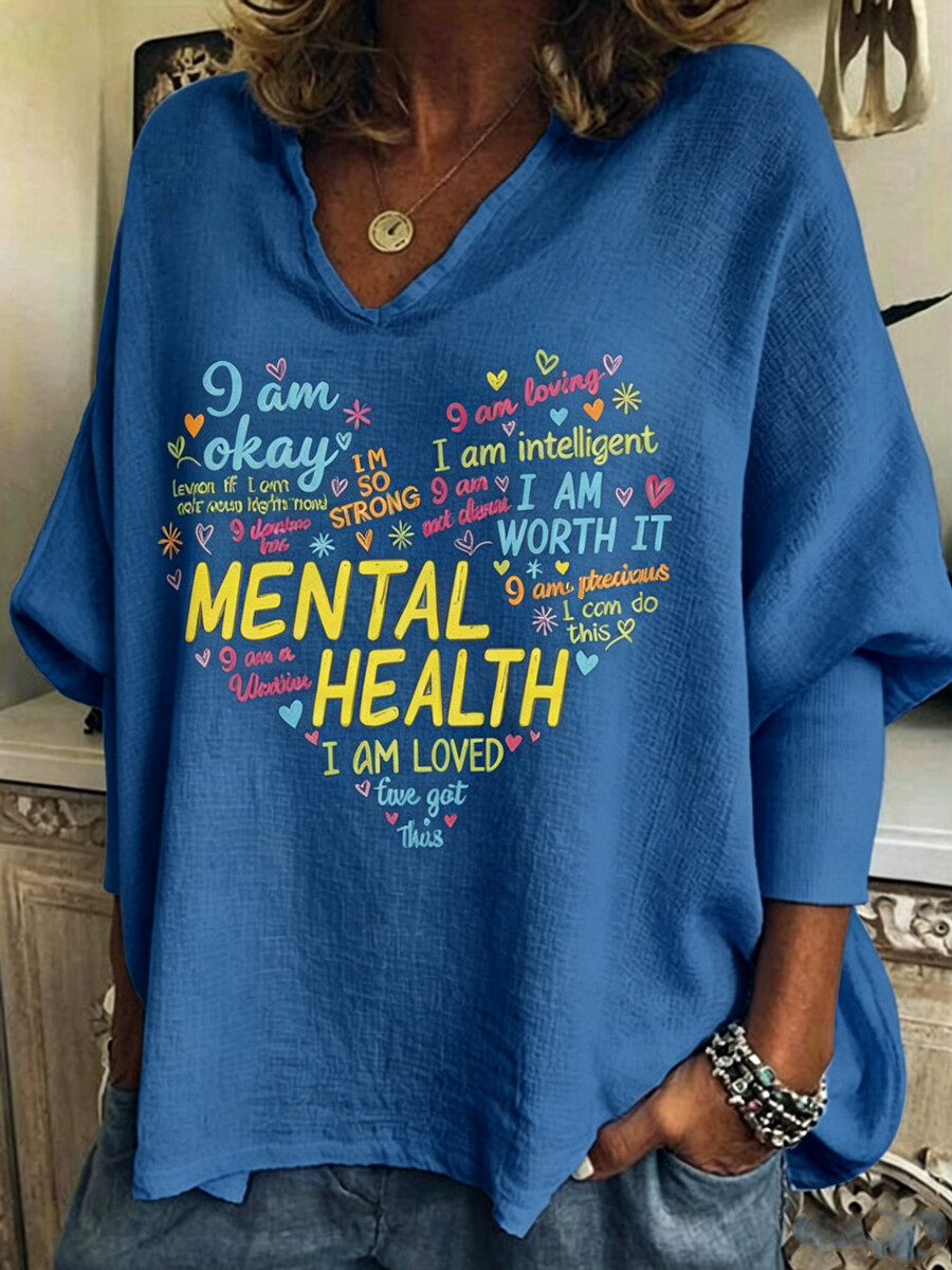 Women'S Retro Heart-Shaped V-Neck T-Shirt - Mental Health Is Important