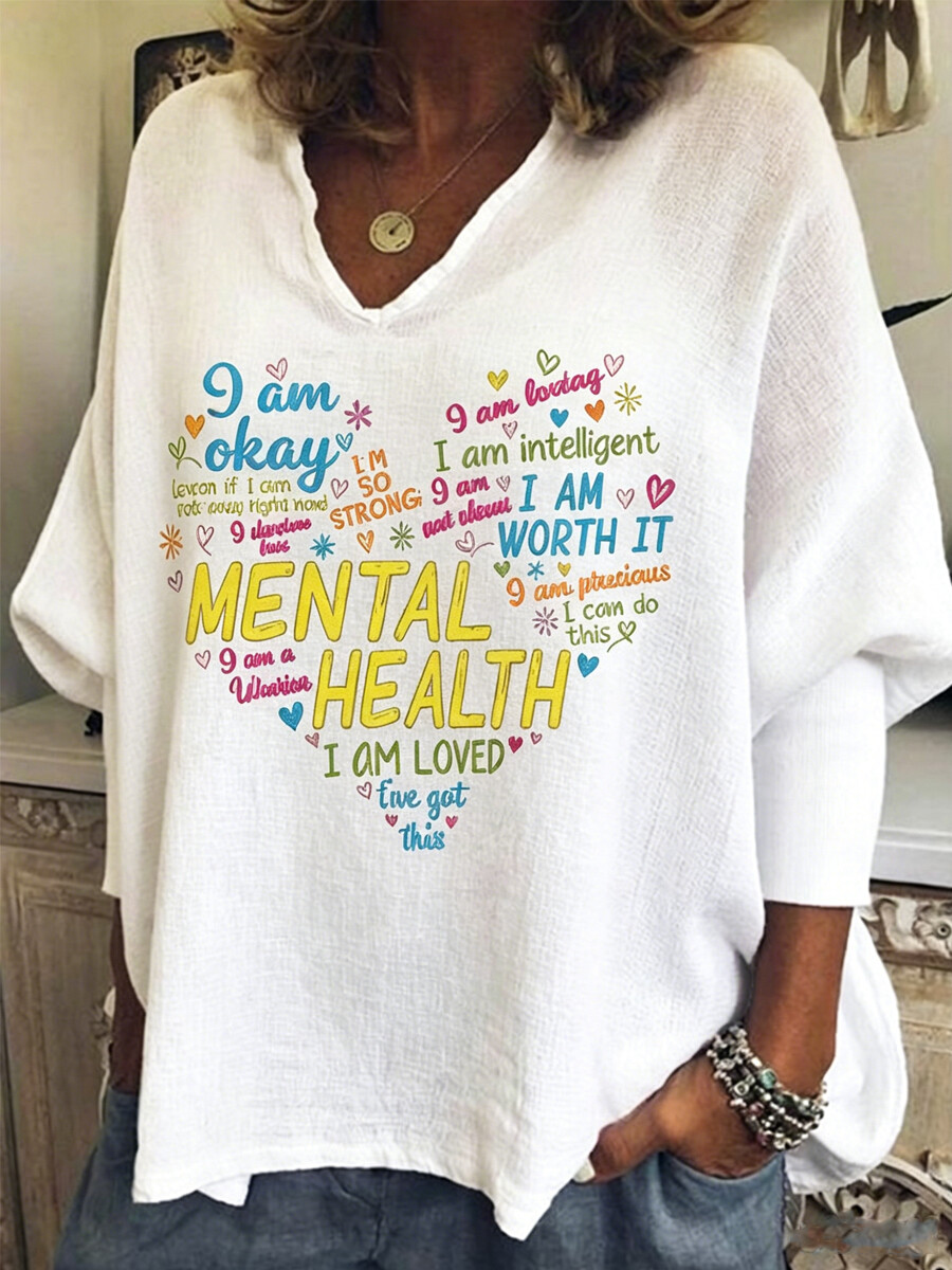 Women'S Retro Heart-Shaped V-Neck T-Shirt - Mental Health Is Important