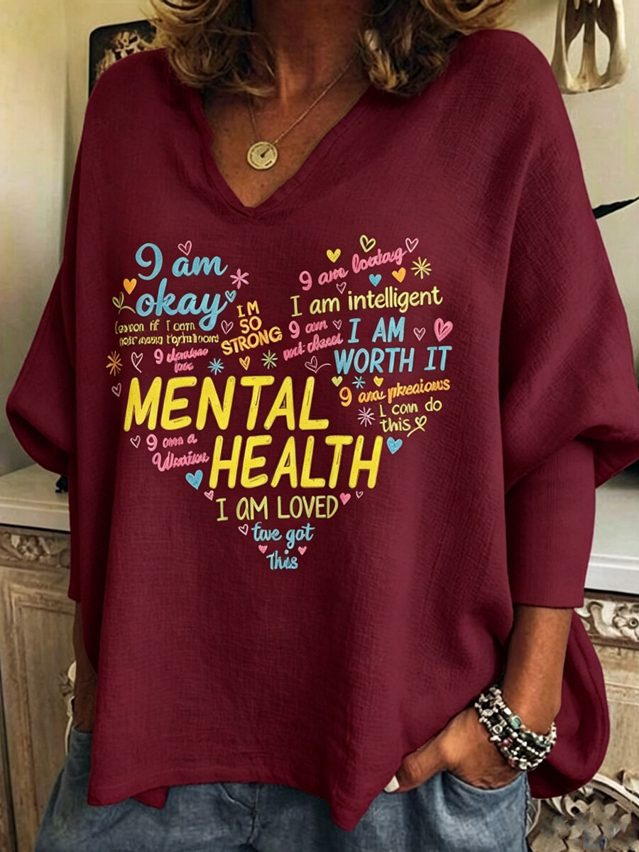 Women'S Retro Heart-Shaped V-Neck T-Shirt - Mental Health Is Important