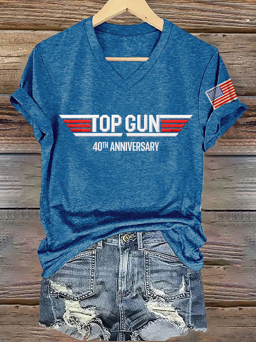 Women's Aviation Wing Logo & American Flag Print V-Neck T-Shirt