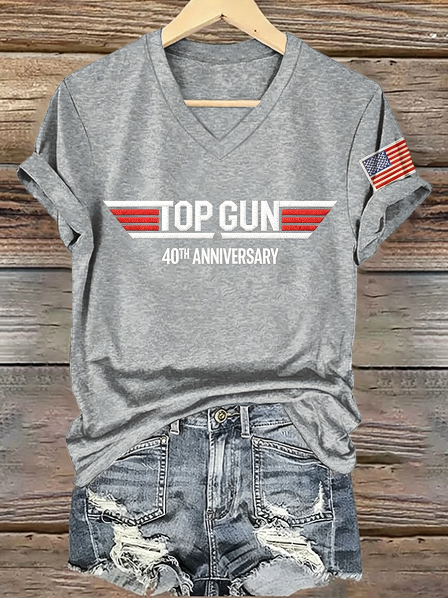 Women's Aviation Wing Logo & American Flag Print V-Neck T-Shirt