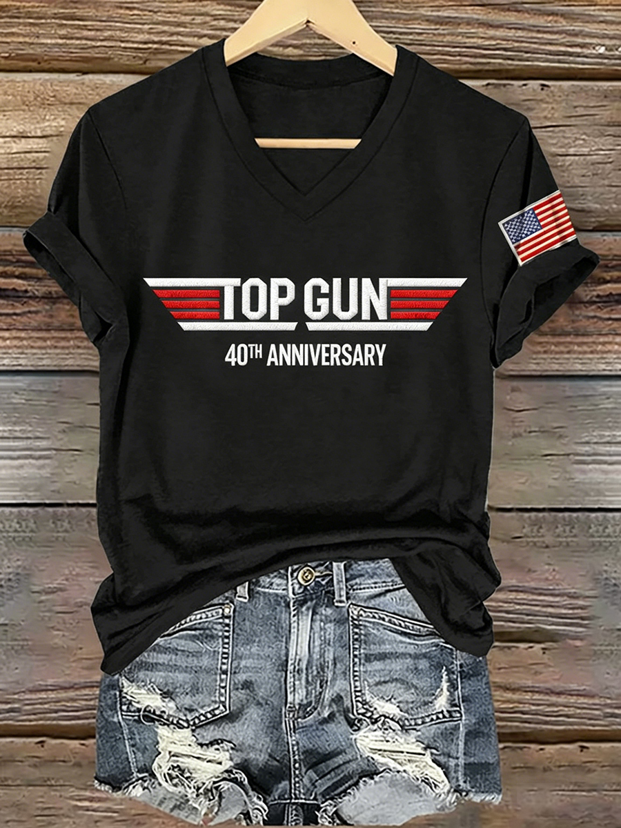 Women's Aviation Wing Logo & American Flag Print V-Neck T-Shirt