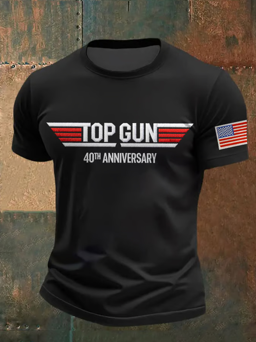 Men's Aviation Wing Logo & American Flag Print Crew Neck T-Shirt