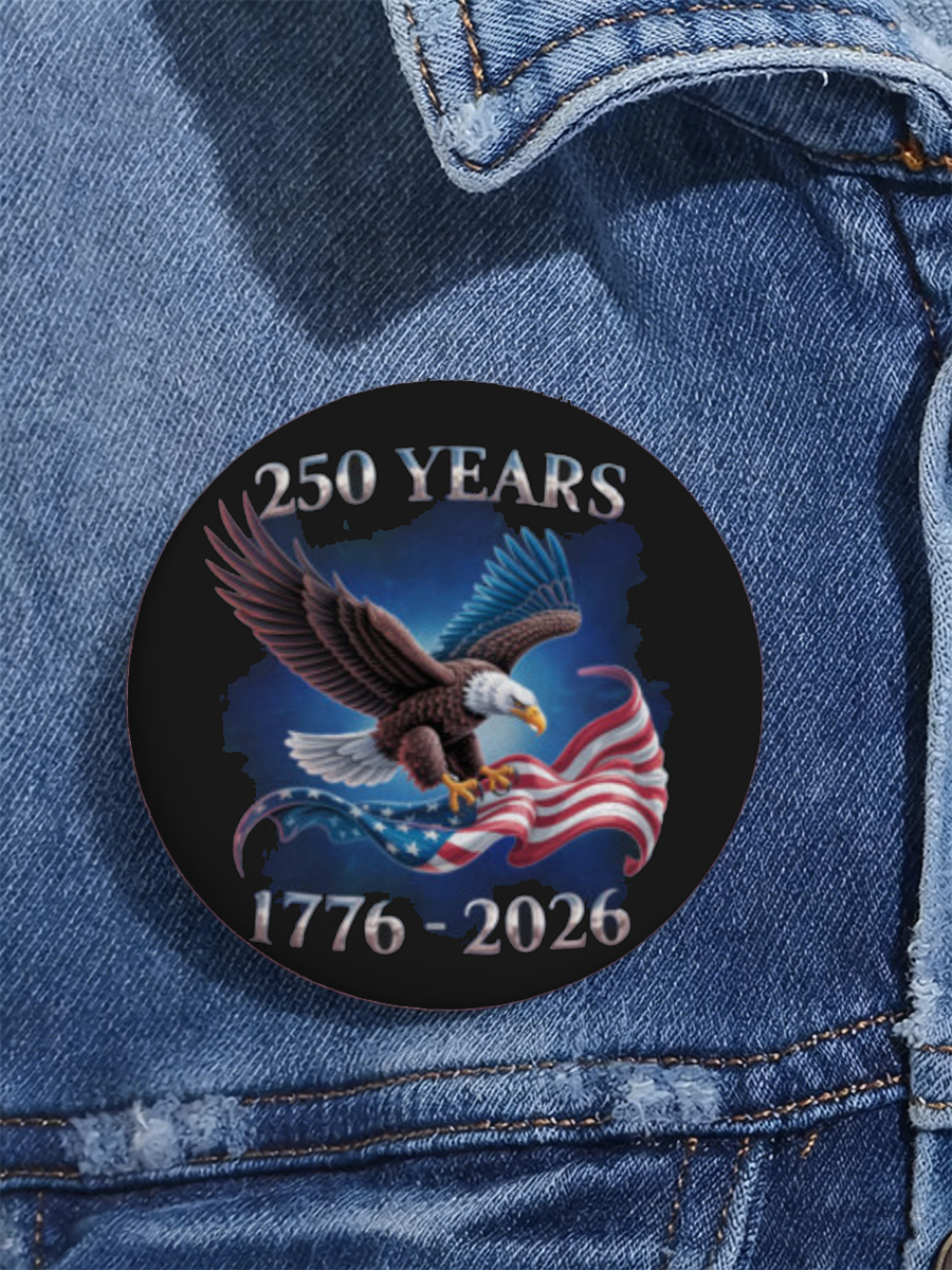 USA Patriotic Eagle & Flag Print Black Round Pin