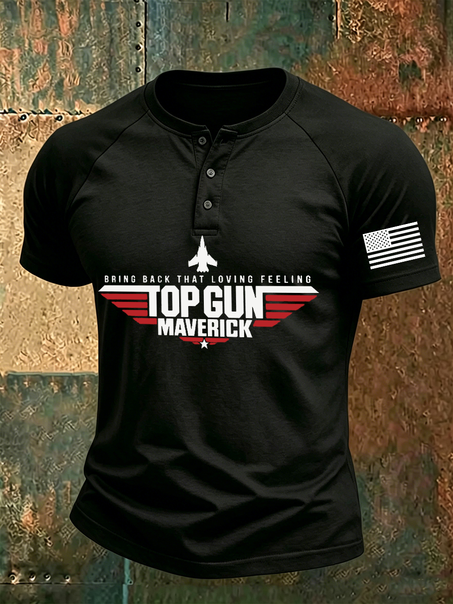 Men's Military Aviation Inspired Flag Graphic Short Sleeve Henley T-Shirt