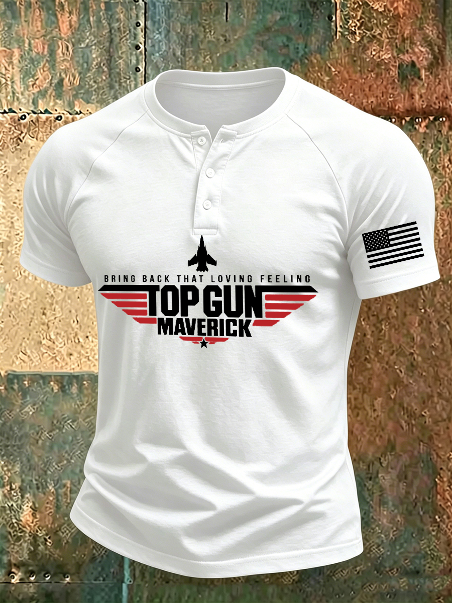 Men's Military Aviation Inspired Flag Graphic Short Sleeve Henley T-Shirt