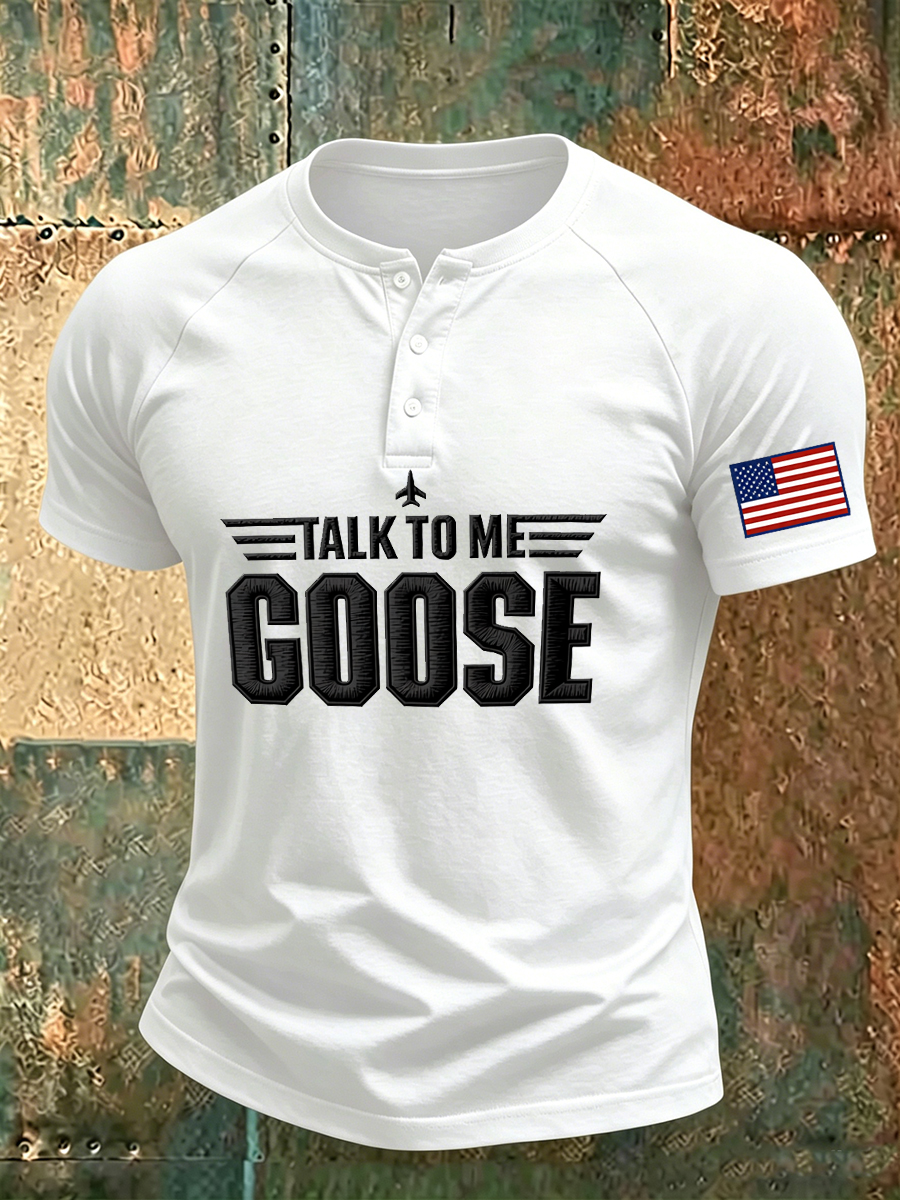 Men's Talk To Me Aircraft Flag Print Short Sleeve Henley T-Shirt