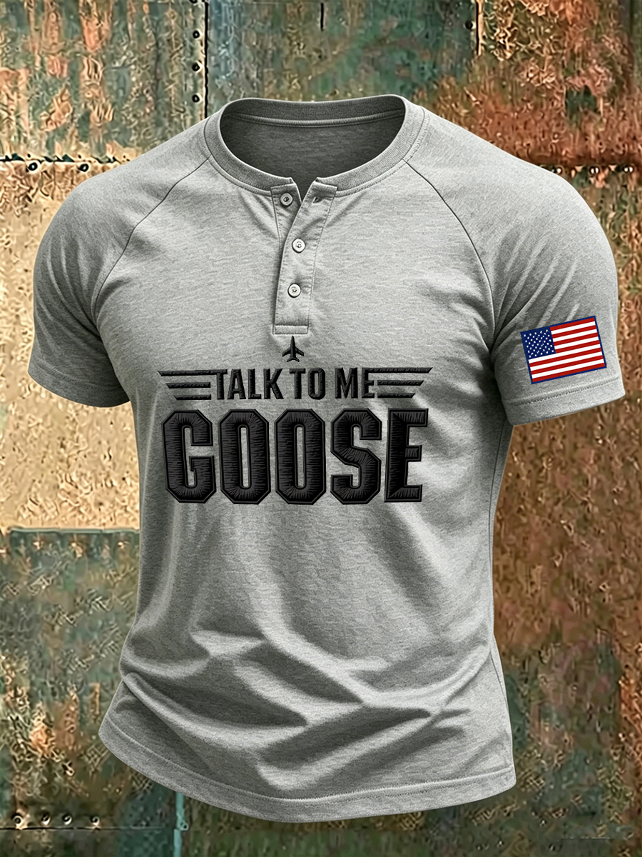 Men's Talk To Me Aircraft Flag Print Short Sleeve Henley T-Shirt