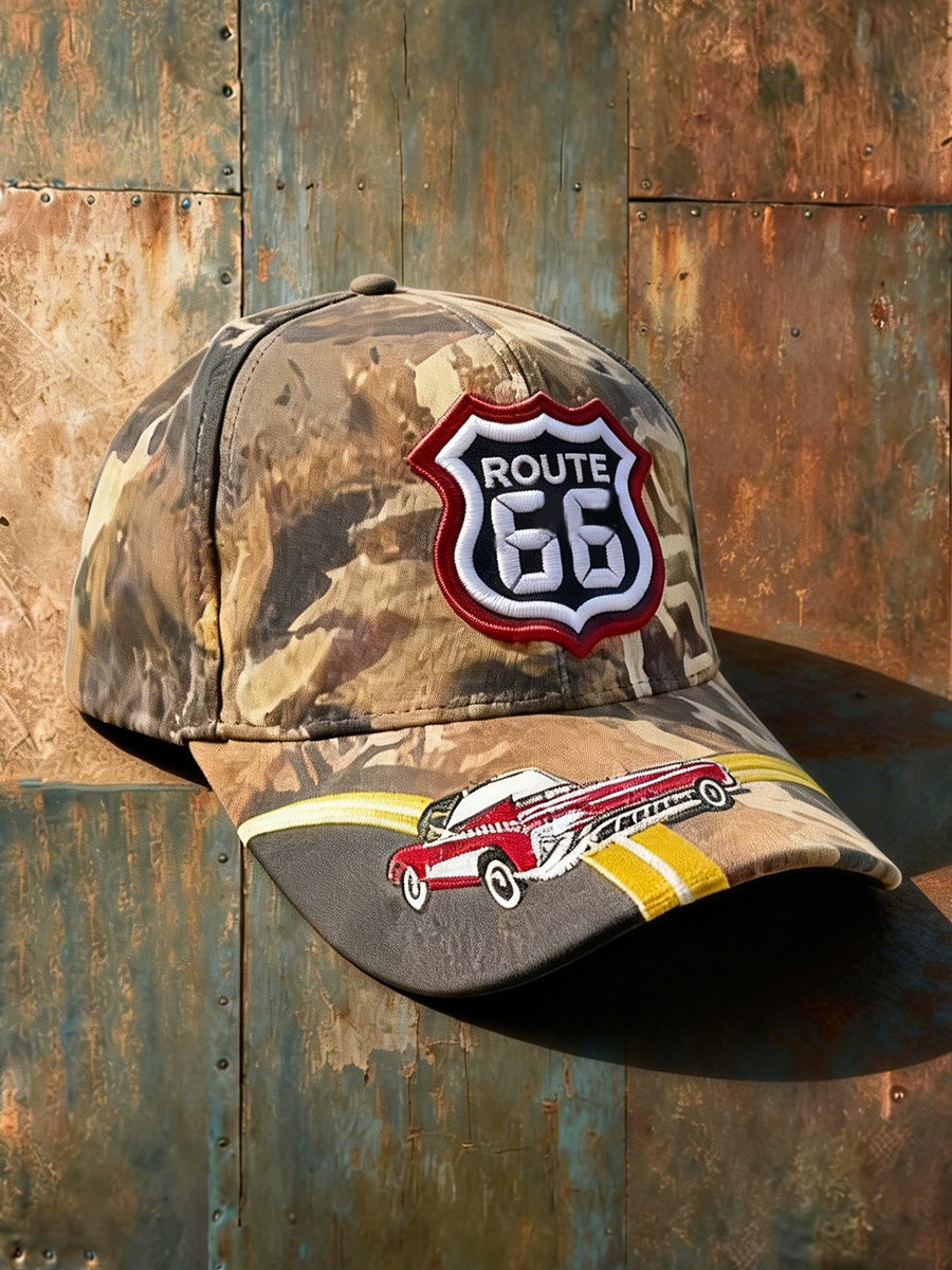 Classic Route 66 Highway Sign & Vintage Car Graphic Camouflage Baseball Cap
