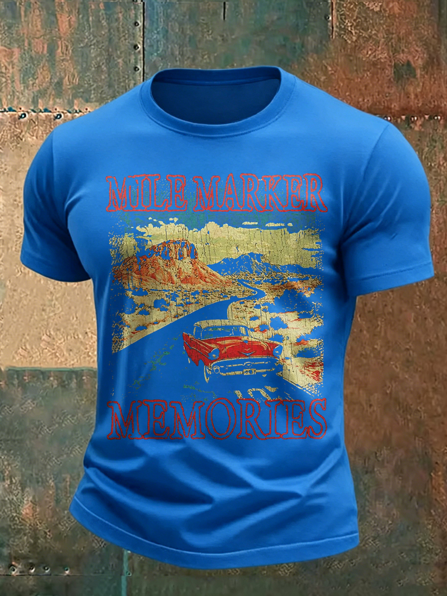 Men's Vintage American Southwest Classic Car Sunset Landscape Print Short Sleeve Tee