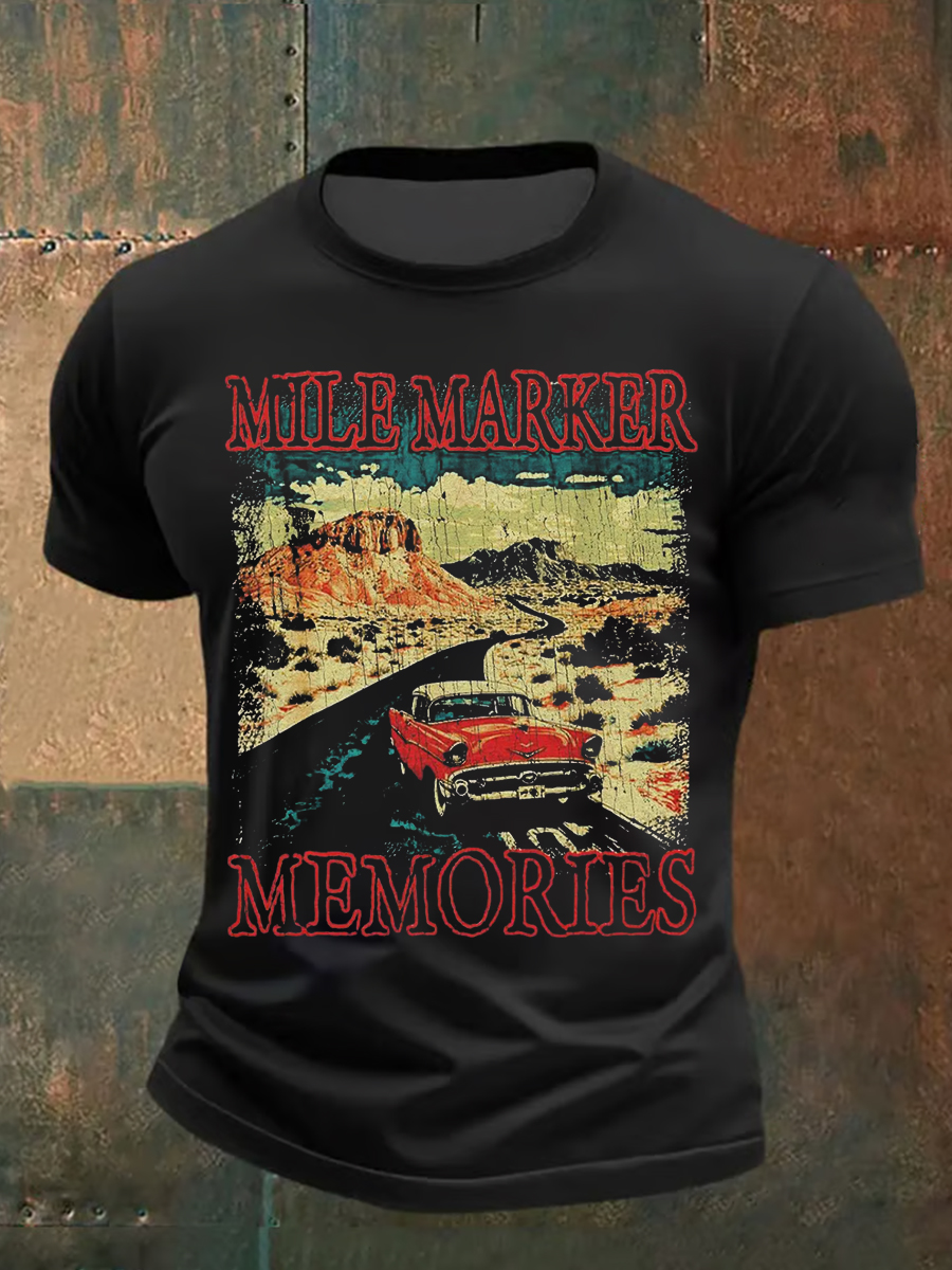 Men's Vintage American Southwest Classic Car Sunset Landscape Print Short Sleeve Tee