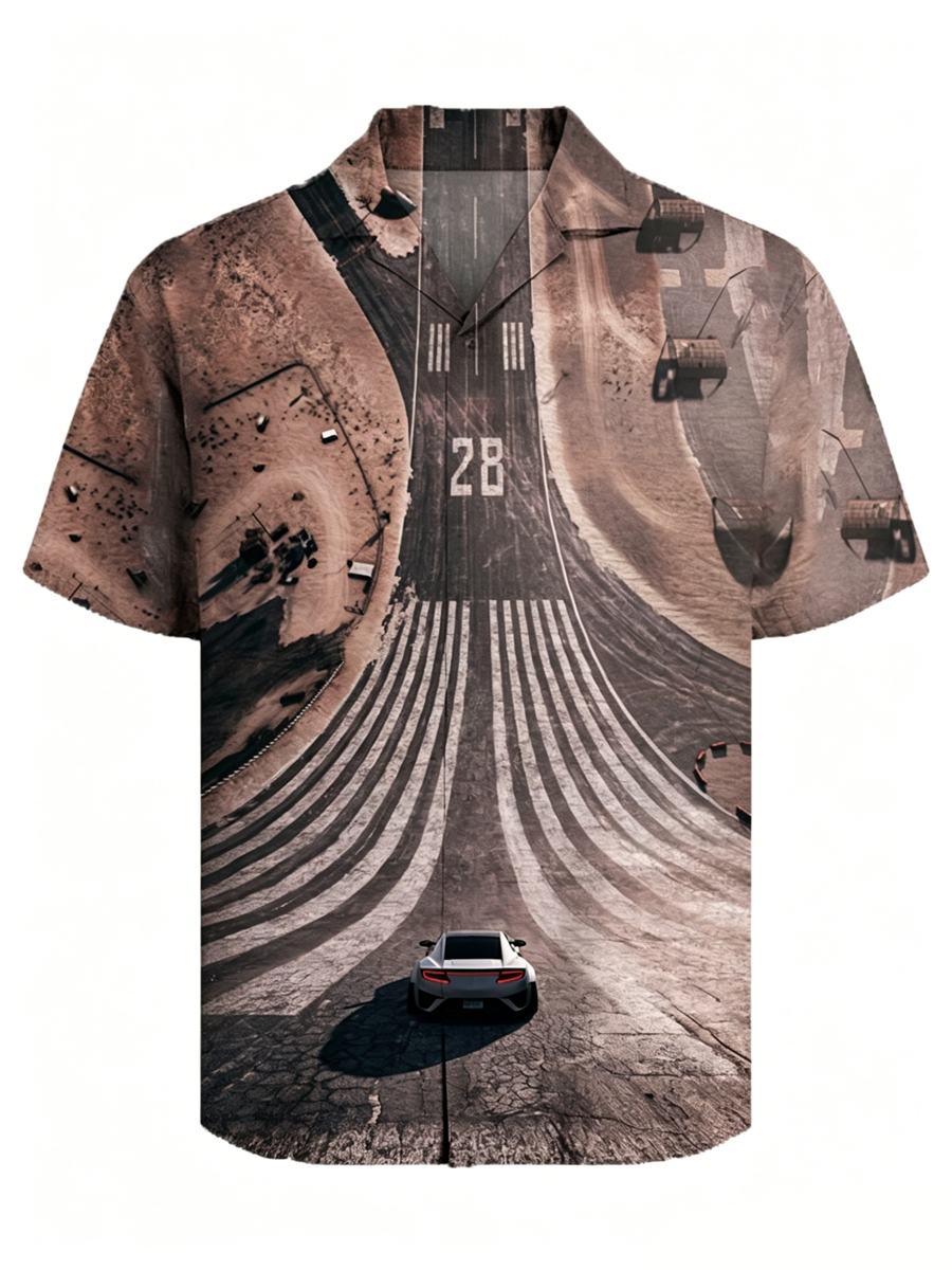 Men's Retro Racing Track Print Cuban Collar Shirt