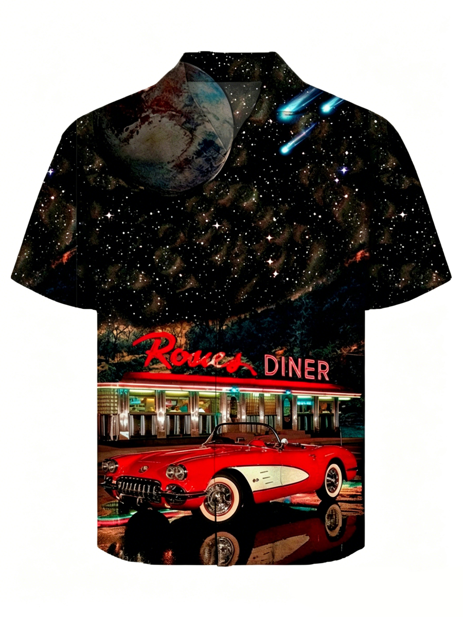 Men's Retro-Style Car Sci-Fi Art Starry Sky Print Cuban Collar Shirt