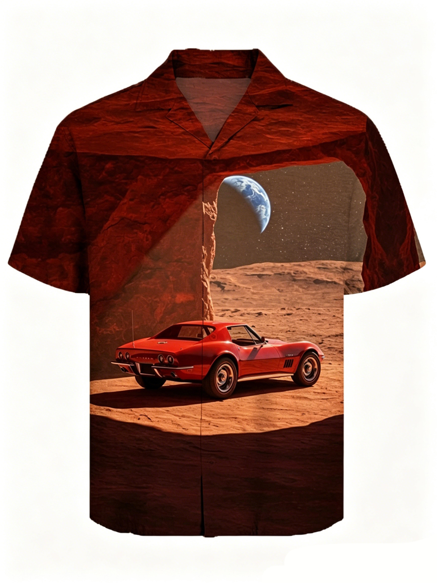 Men's Vintage Red Car And Sci-Fi Elements Print Cuban Collar Shirt