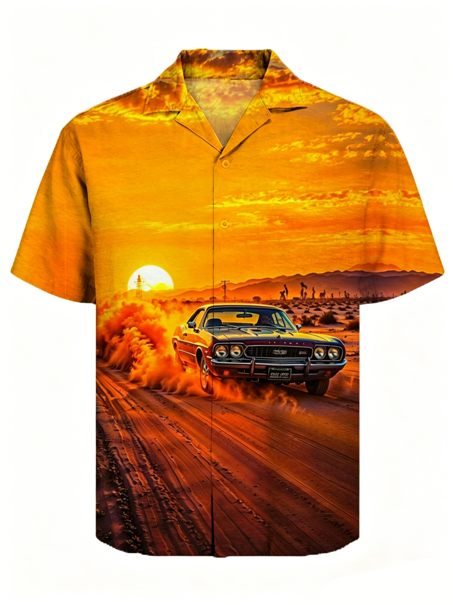 Men's Vintage Car Desert Sunset Scenery Print Cuban Collar Shirt