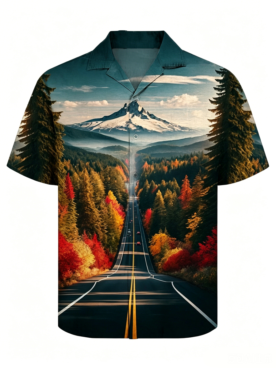 Men's Tree-Lined Highway Illustration Print Cuban Collar Shirt