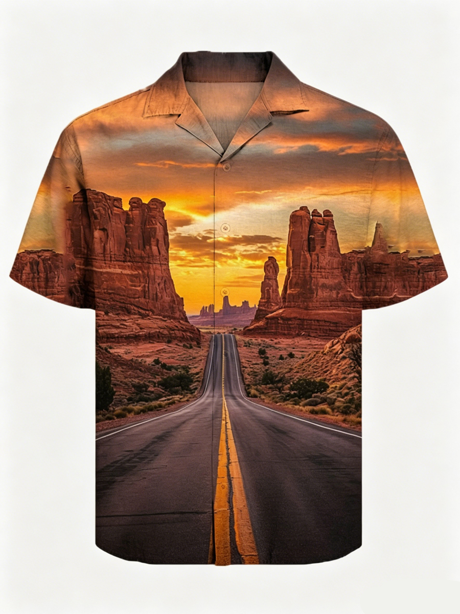 Men's Road Trip Sunset Landscape Print Cuban Collar Shirt