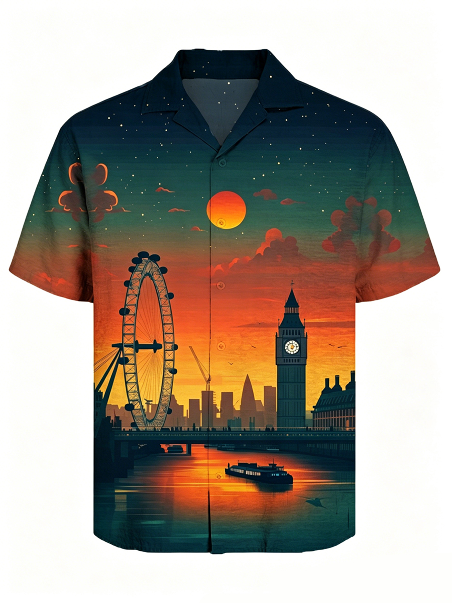 Men's Urban Architecture Illustration Print Cuban Collar Shirt