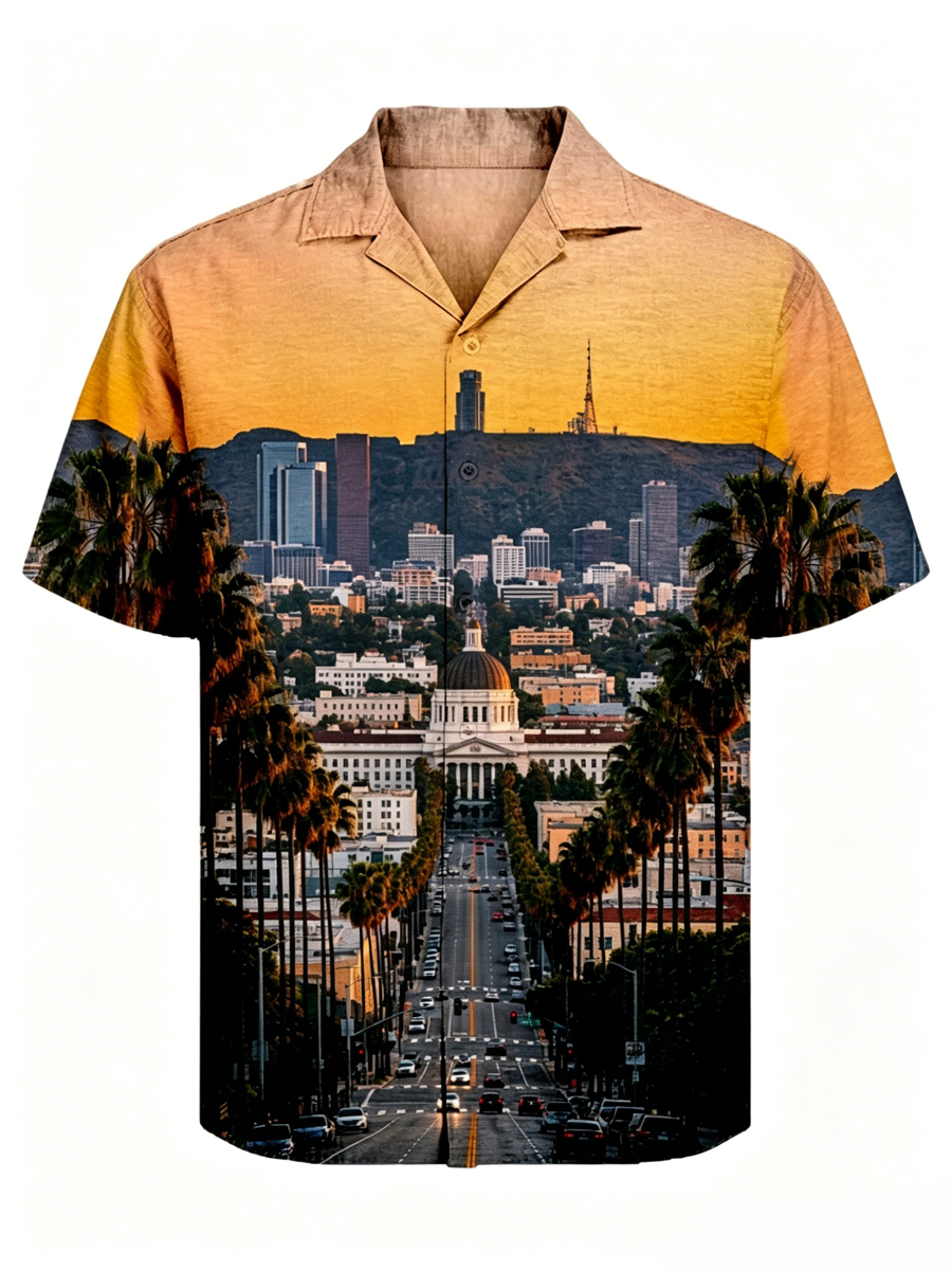 Men's Cityscape Palm Trees Sunset Print Cuban Collar Shirt