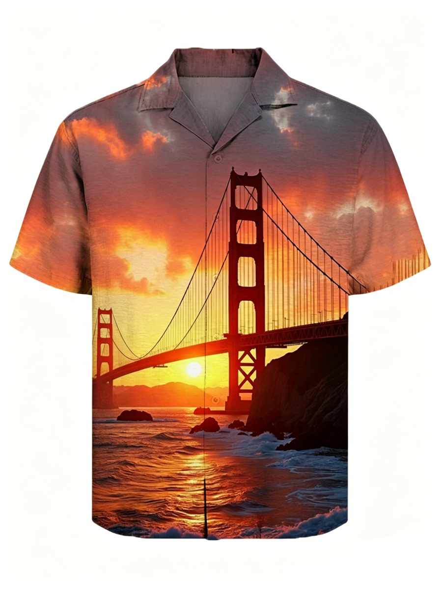Men's Golden Gate Bridge Sunset Scenery Print Cuban Collar Shirt