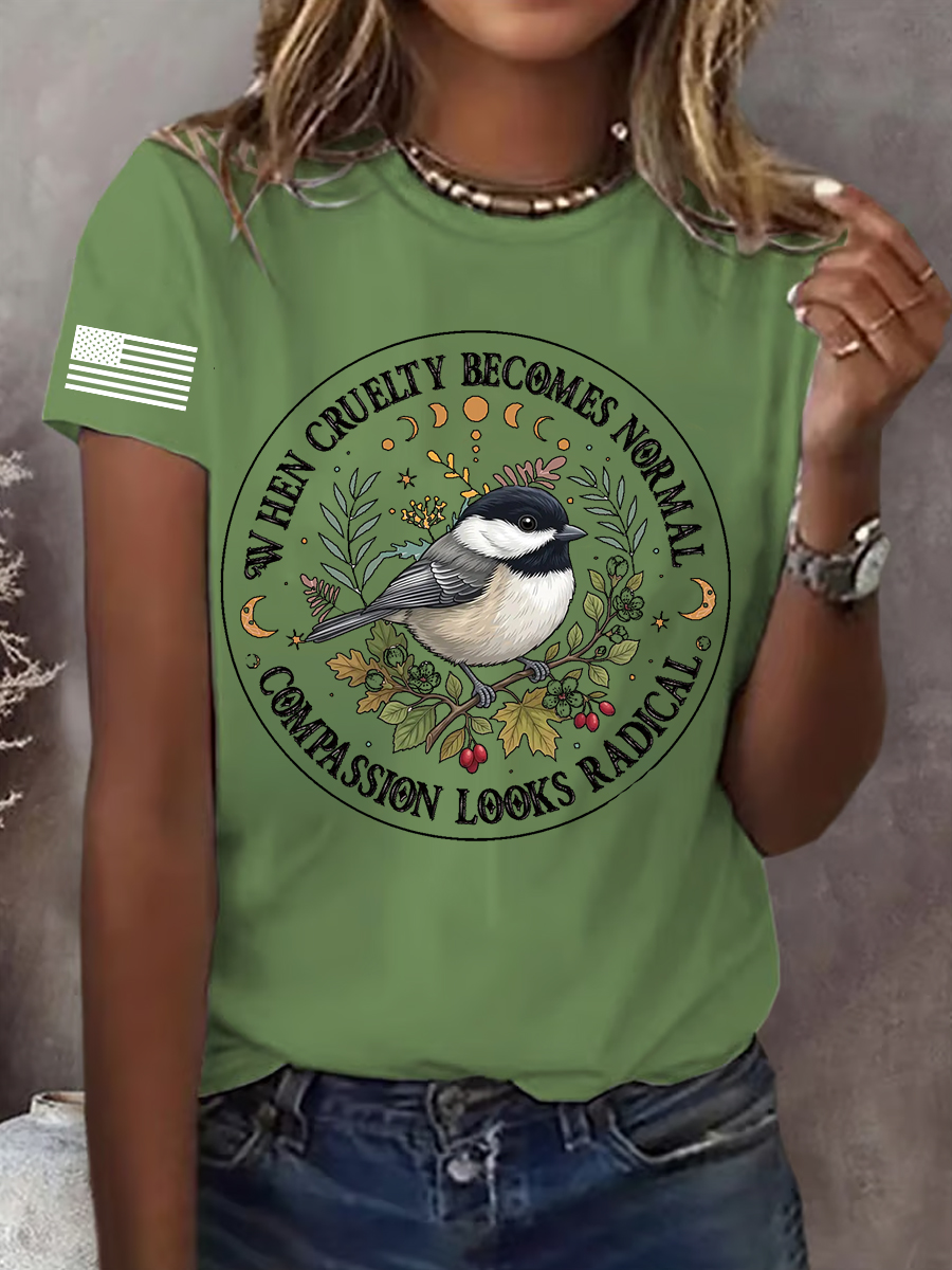 Women's Nature Inspired Moon Bird Print Crew Neck T-Shirt
