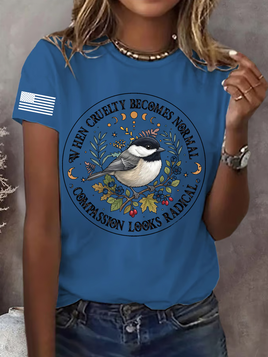 Women's Nature Inspired Moon Bird Print Crew Neck T-Shirt