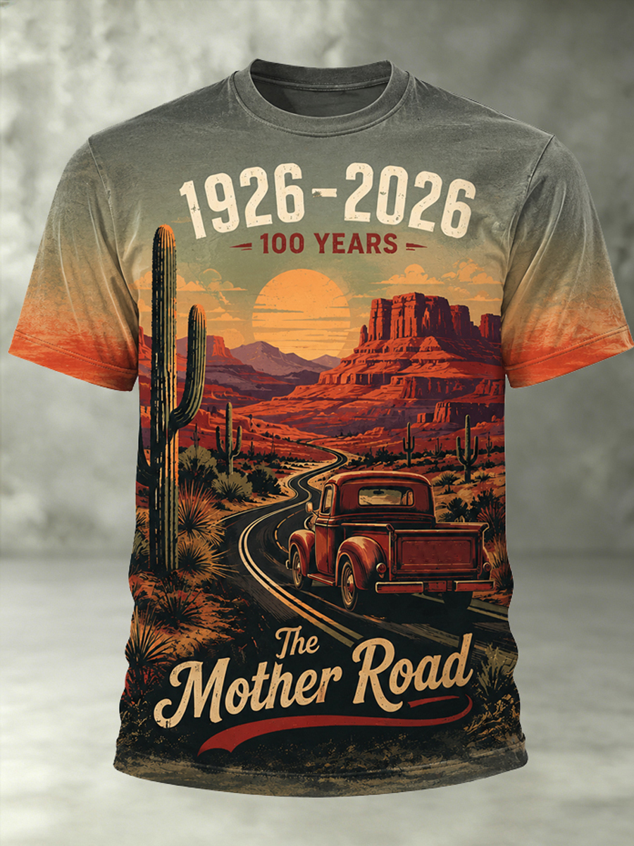 Men's Gradient Sunset Canyon Retro Truck Letter Print T-Shirt