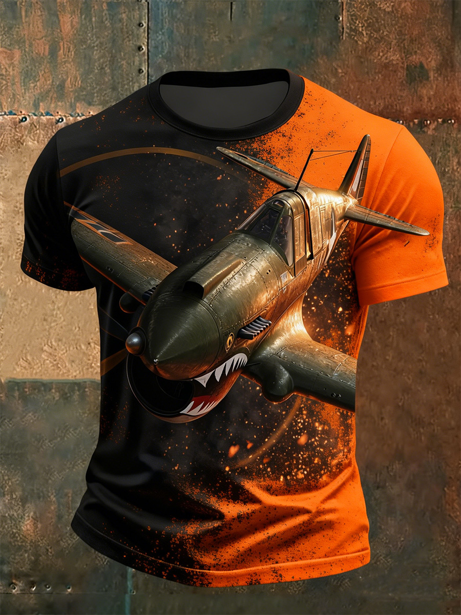 Men's Black Orange Gradient Spatter Vintage Prop Fighter Art Crewneck T-Shirt