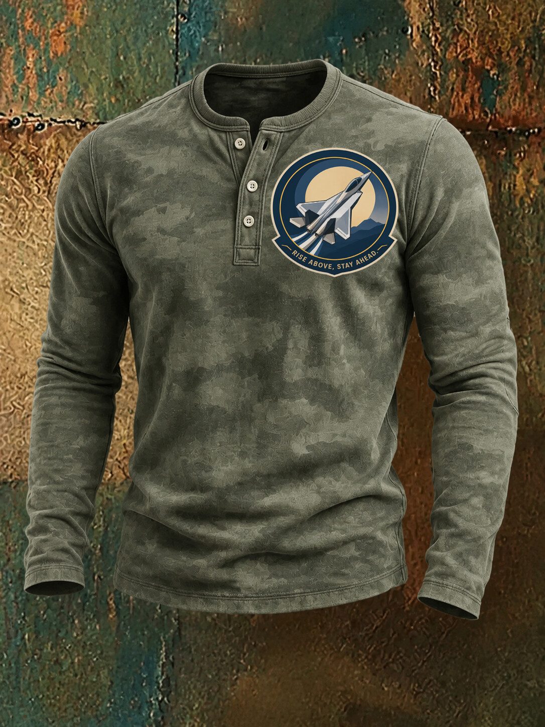 Army green washed camouflage Henry long-sleeved men's American retro military fighter jet print