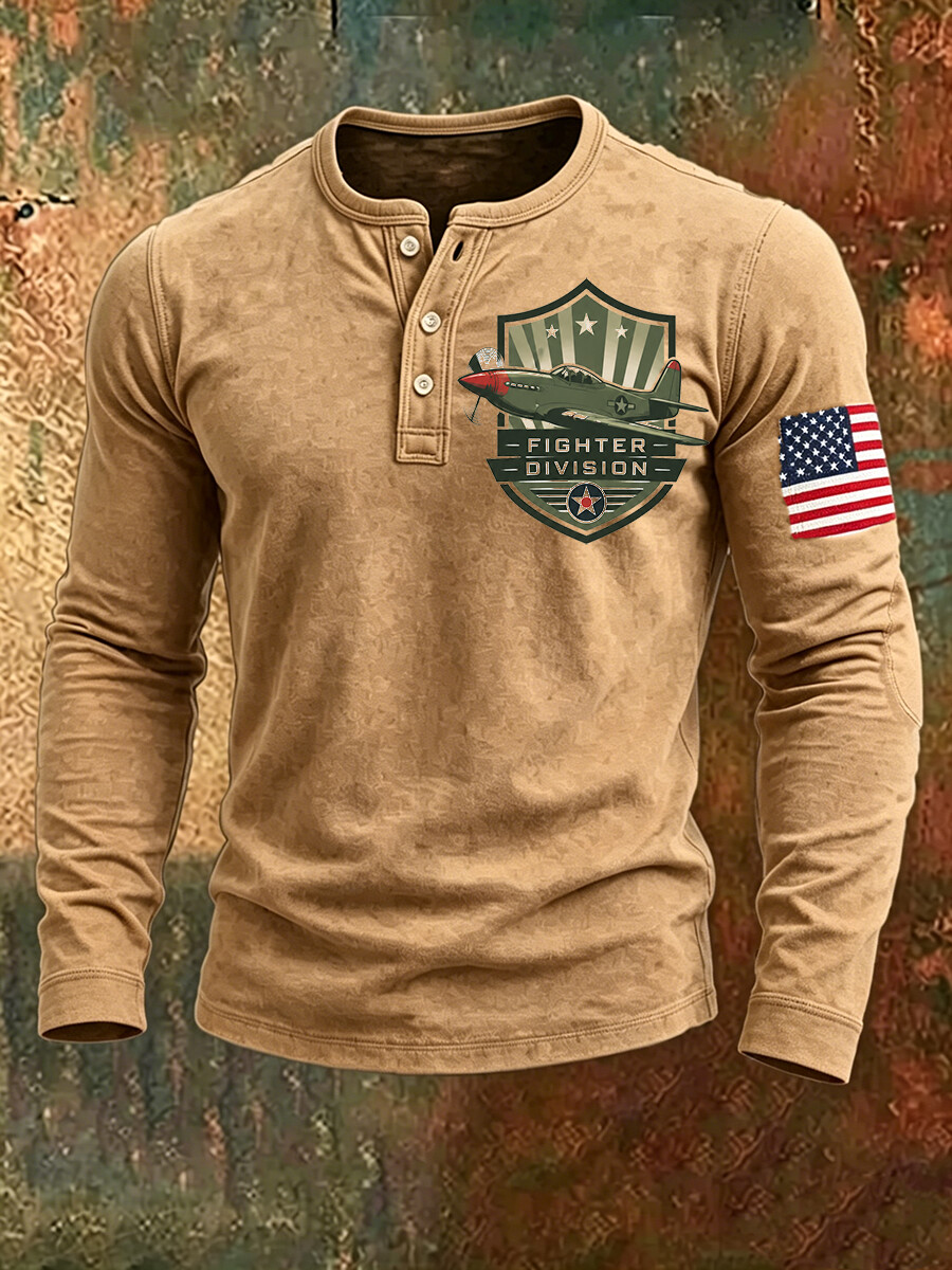 Outdoor military style fighter jet shield print distressed Henry shirt