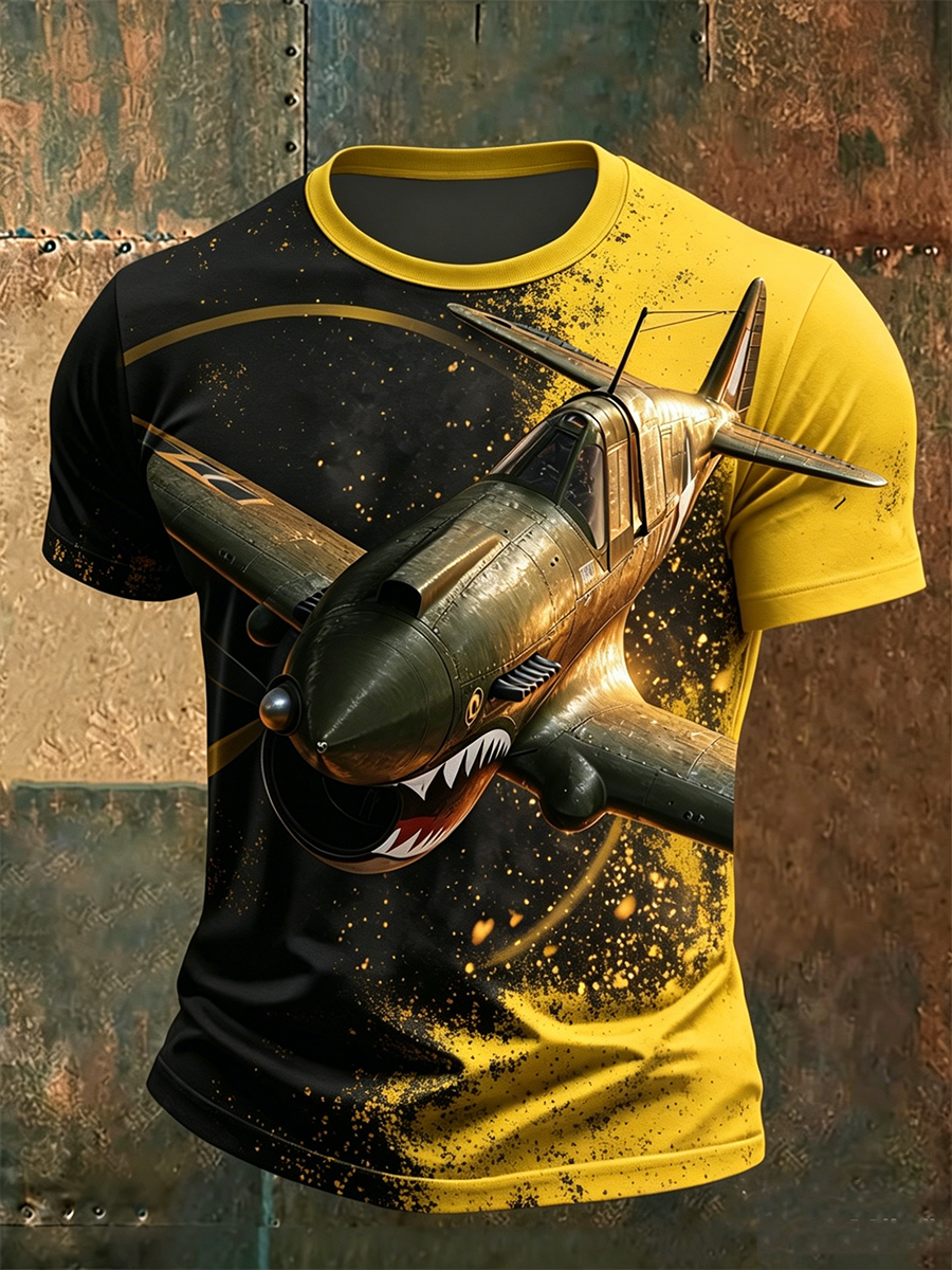 Men's Black Orange Gradient Spatter Vintage Prop Fighter Art Crewneck T-Shirt