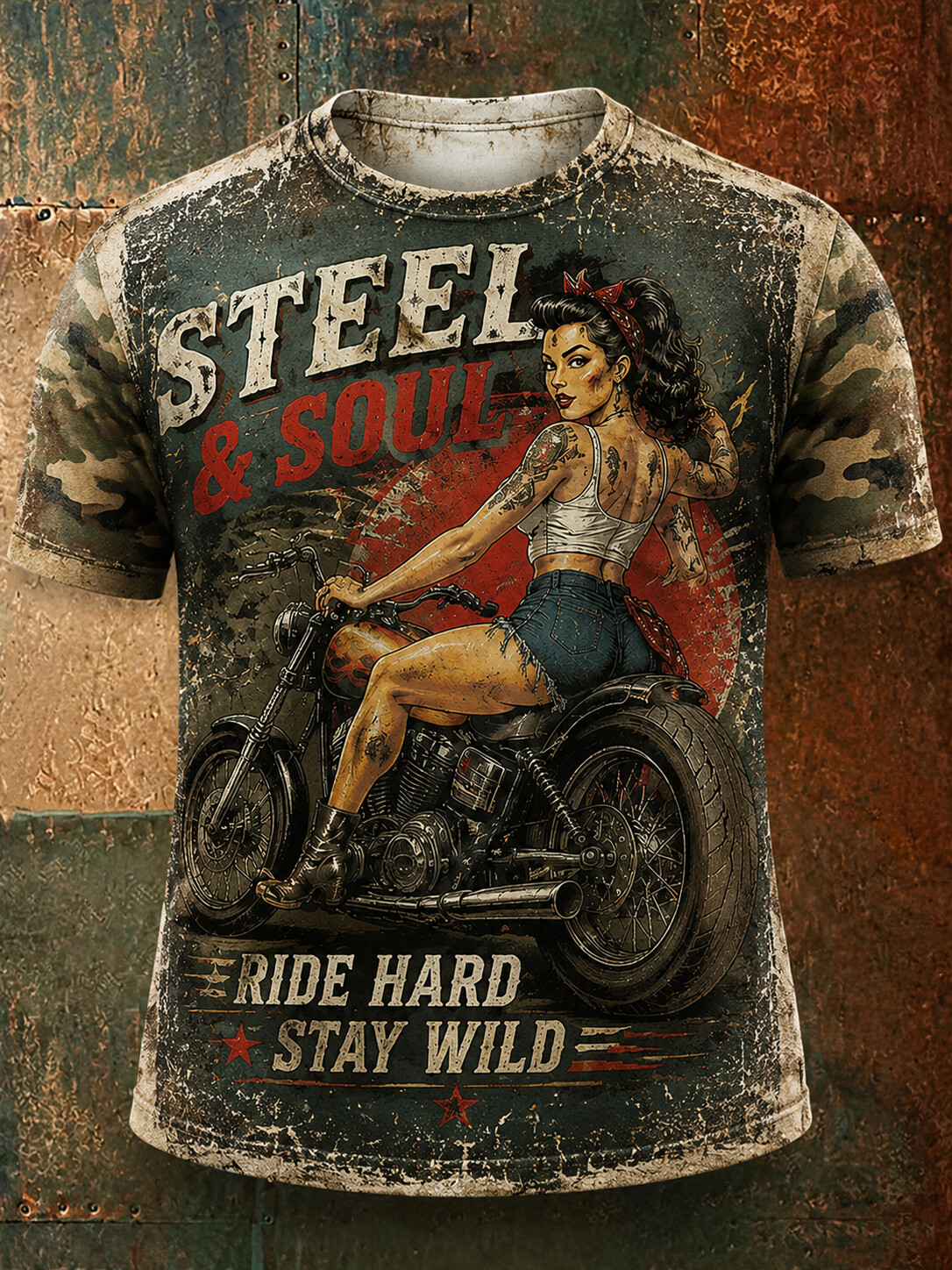 Men's Steel & Soul Ride Hard Stay Wild Vintage Motorcycle Graphic T-Shirt