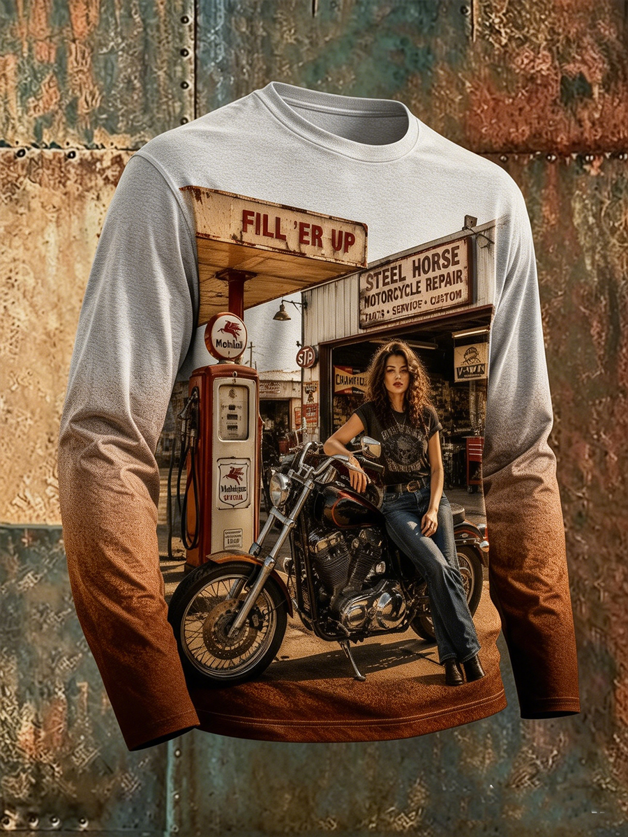 Men's Vintage Biker Girl Motorcycle Graphic Crew Neck Long Sleeve T-Shirt