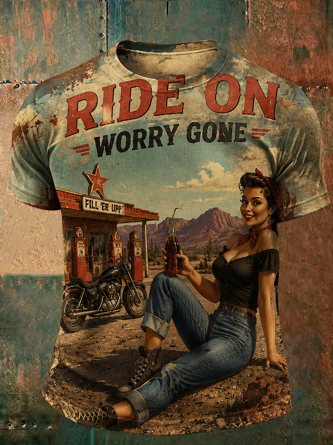 Men's Ride On Worry Gone Vintage Motorcycle Graphic T-Shirt