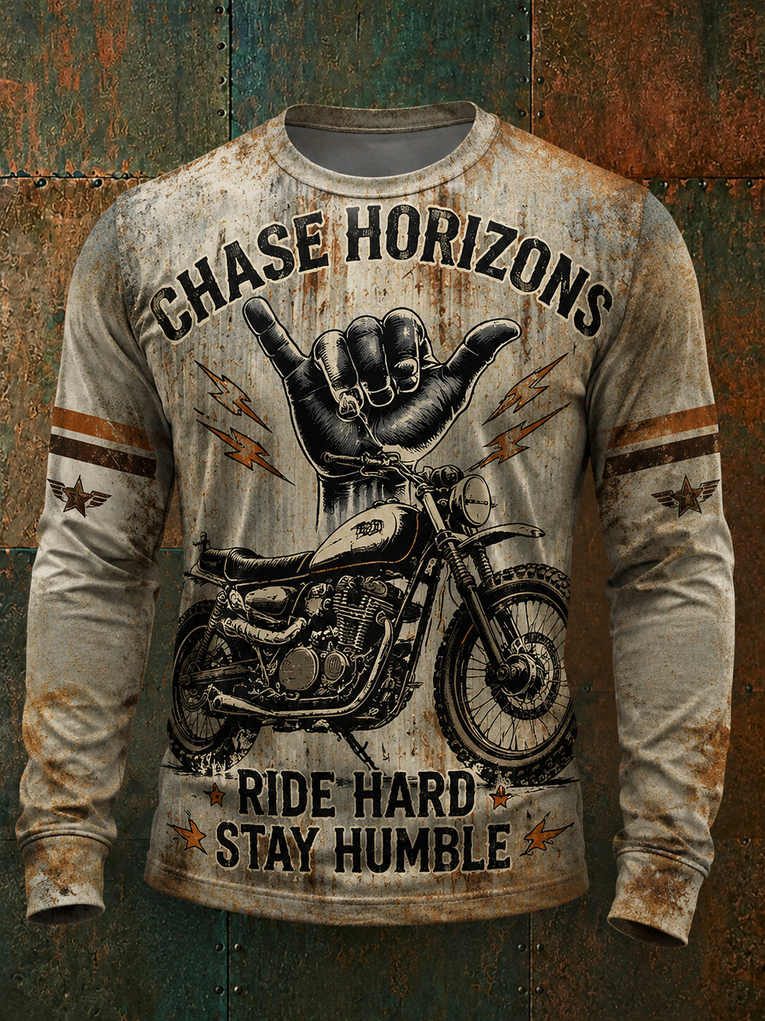 Men's Ride Hard Stay Humble Vintage Motorcycle Graphic Crew Neck Long Sleeve T-Shirt