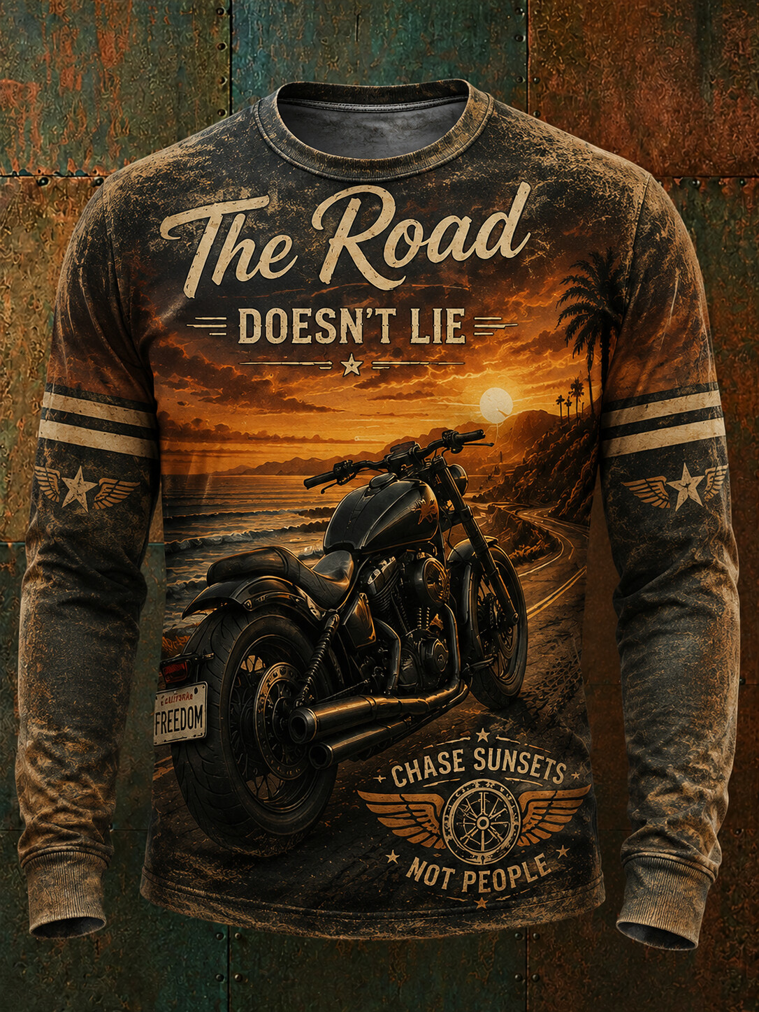 Men's Vintage Chopper Motorcycle Sunset Graphic Crew Neck Long Sleeve T-Shirt
