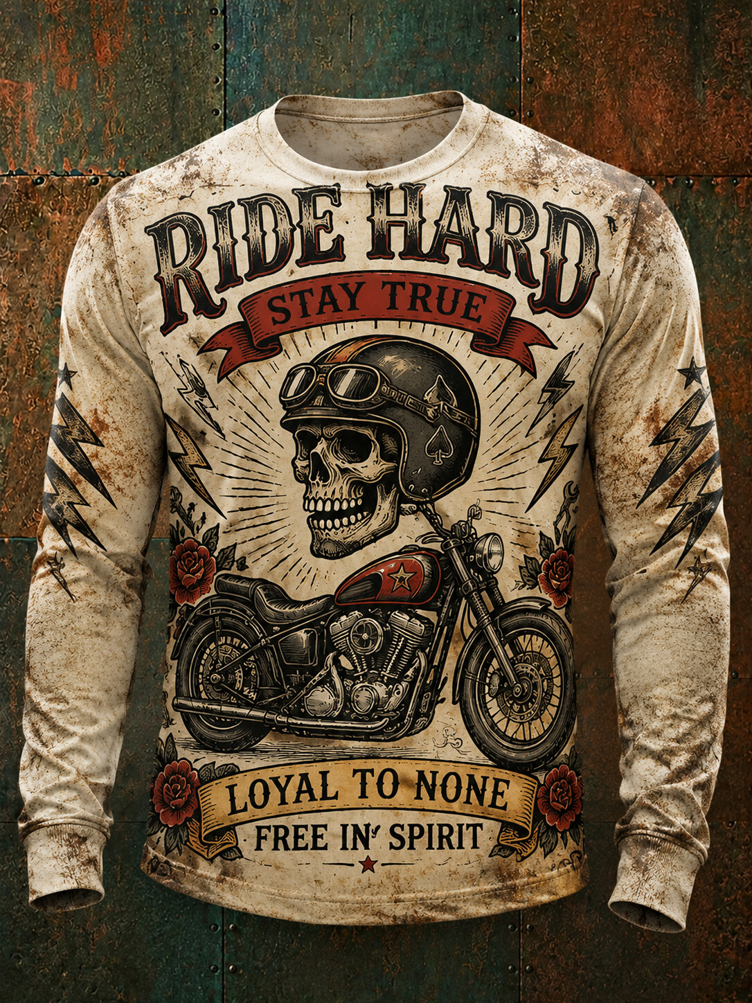 Men's Skull Chopper Motorcycle Vintage Graphic Crew Neck Long Sleeve T-Shirt