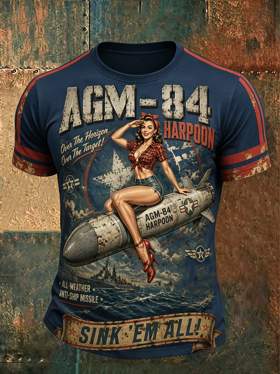 Men's Harpoon Missile Vintage Pin-Up Graphic Crewneck T-Shirt